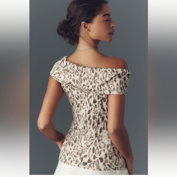 Pilcro Off The Shoulder Twist Rib Top Size Medium Brown Leopard Pattern Stretch - Picture 2 of 11